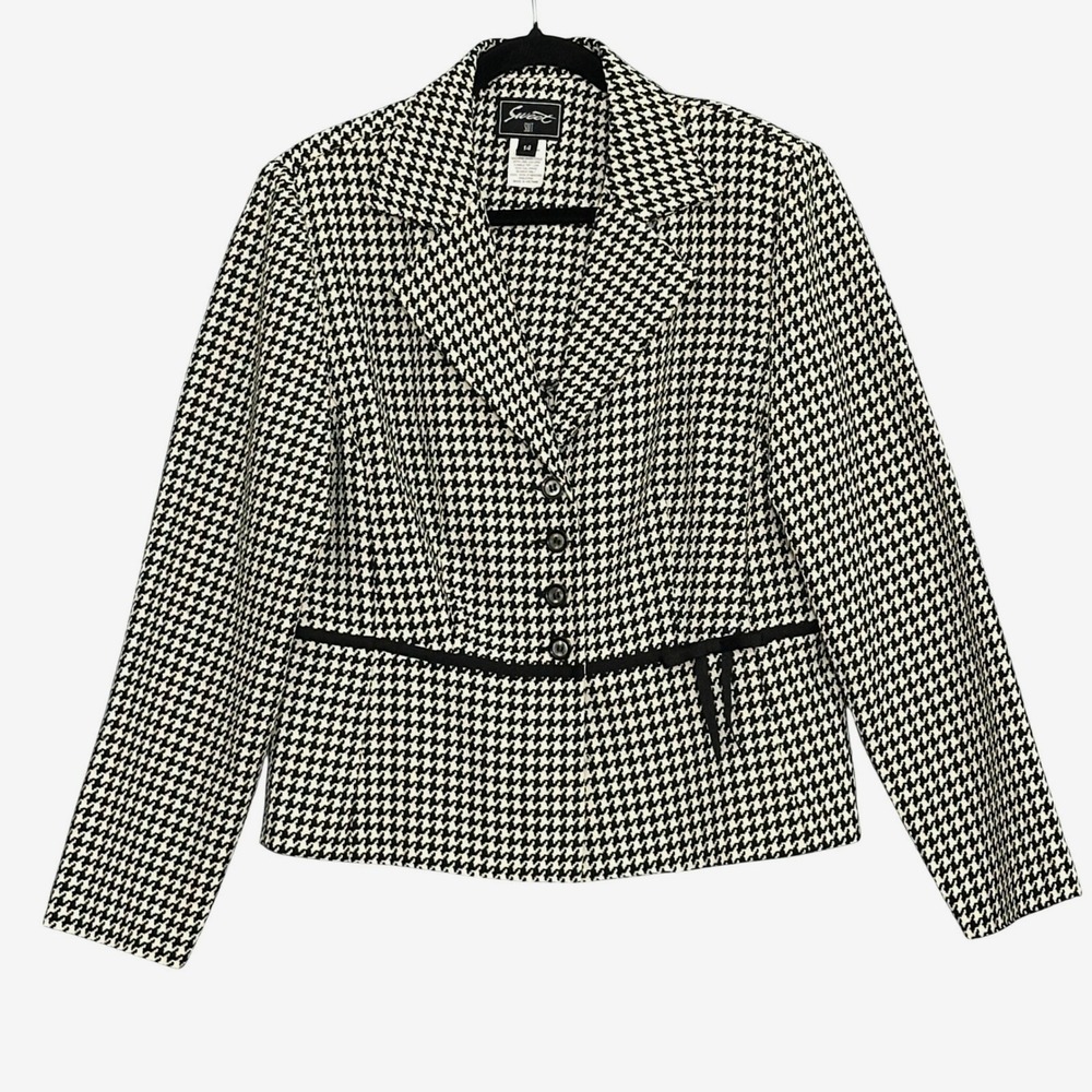 VTG Sweet Suit Women Jacket 14 Black White Houndstooth Bow Retro Office Academia